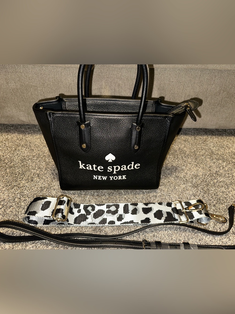 kate spade Black Pebbled Leather Satchel with Patterned Strap